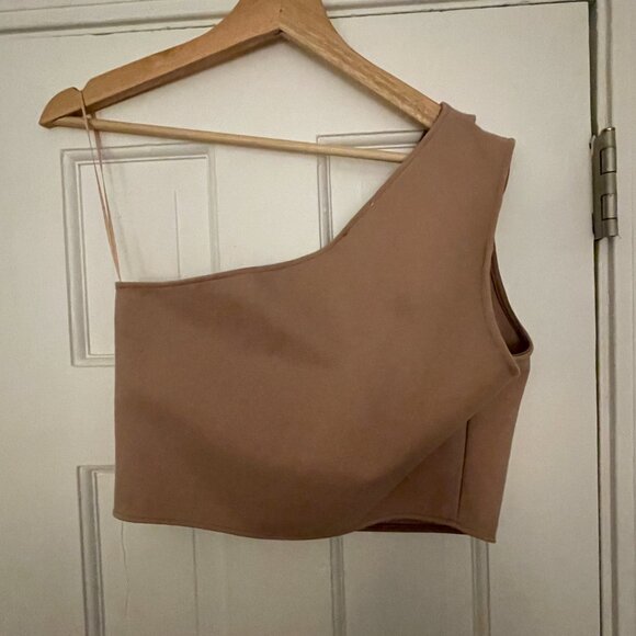 Asymmetrical Beige One Shoulder Crop Top, Nava, Revolve, Superdown, size large - Picture 6 of 7